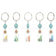 Wishing Bottle Glass Pendant Keychains, with Gemstone Chips Beads & Paper Slip Rolls inside and Synthetic Turquoise Sea Turtle, Iron Split Key Rings , 9.8~9.9cm(KEYC-JKC00499)