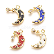 Brass Micro Pave Cubic Zirconia Charms, with Enamel, Moon, Golden, Mixed Color, 17x10x1mm, Hole: 1.6mm(KK-G391-01G)