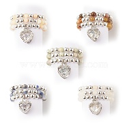 3Pcs 3 Style Natural Gemstone & Synthetic Hematite Beaded Finger Rings with Clear Cubic Zirconia Heart Charms for Women, US Size 8 1/4(18.3mm), 1Pc/styel(RJEW-JR00472)