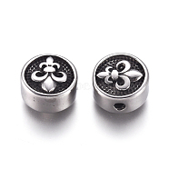 304 Stainless Steel Beads, Flat Round and Fleur De Lis, Antique Silver, 9.8x4.8mm, Hole: 1.6mm(STAS-G232-04AS)