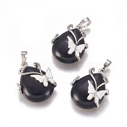 Natural Black Obsidian Pendants, with Enamel and Brass Findings, teardrop, with Butterfly, Platinum, 30x23.5x12mm, Hole: 10x6mm(G-K296-B01)