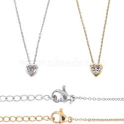 Unicraftale 304 Stainless Steel Pendant Necklaces, with Brass Cubic Zirconia Pendant, Heart, Golden & Stainless Steel Color, 17.6 inch(45cm), Pendant: 7x7x4mm, 2 colors, 1pc/color, 2pcs/box(NJEW-UN0001-02)