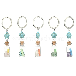 Wishing Bottle Glass Pendant Keychains, with Gemstone Chips Beads & Paper Slip Rolls inside and Synthetic Turquoise Sea Turtle, Iron Split Key Rings , 9.8~9.9cm(KEYC-JKC00499)