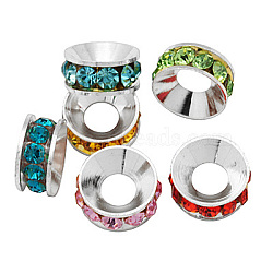 Brass Rhinestone Spacer Beads, Grade A, Rondelle, Silver Color Plated, Mixed Color, 7x3.3mm(RB-A020-7mm-S)