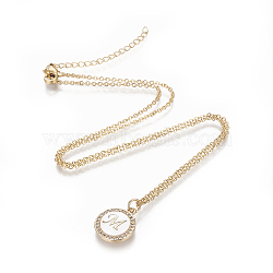 Brass Initial Pendant Necklaces, with Shell, Cubic Zirconia and 304 Stainless Steel Cable Chains, Flat Round with Letter, Letter.M, 17.5 inch(44.5cm), 1.5mm(NJEW-I230-24G-M)