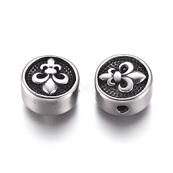 304 Stainless Steel Beads, Flat Round and Fleur De Lis, Antique Silver, 9.8x4.8mm, Hole: 1.6mm(STAS-G232-04AS)