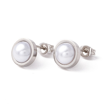 6 Pair Shell Pearl Half Round Stud Earrings, 304 Stainless Steel Post Earrings for Women, White, Stainless Steel Color, 10mm, Pin: 1mm