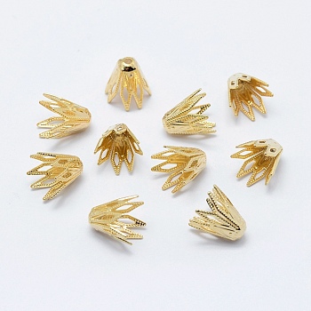 8-Petal Brass Caps, Long-Lasting Plated, Real 18K Gold Plated, Nickel Free, Flower, Golden, 9x9.5mm, Hole: 1mm