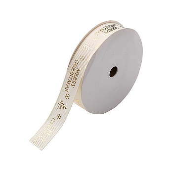 Flat Christmas Theme Polyester Grosgrain Ribbon, Hot Stamping Ribbon, Clothes Accessories, White, Merry Christmas, Word, 5/8 inch(16.5mm), about 9.84 Yards(9m)/Roll