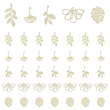 40Pcs 5 Style Alloy Pendants, Leafy Branch/Ginkgo Leaf/Monstera Leaf Charms, Light Gold, 18~24.5x12~25.5x1~4mm, Hole: 1~1.6mm, 8pcs/style