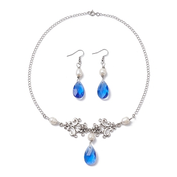 Pearl & Teardrop Glass Jewelry Set, Natural Pearl Dangle Earrings & Alloy Flower Pendant Necklace, Platinum, 455mm, 63x13mm