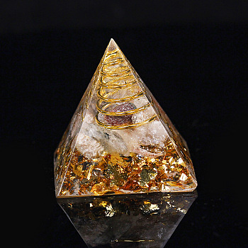 Orgonite Pyramid Resin Display Decorations, with Brass Findings, Gold Foil and Natural Lodolite Quartz Chips Inside, for Home Office Desk, 30mm