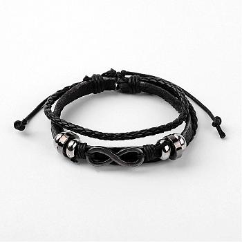 Adjustable Multi-Strand Leather Cord Bracelets, with PU Leather Cord & Alloy Findings, Infinity, Antique Silver, Black, 60mm(2-3/8 inch)