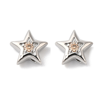 Brass with Cubic Zirconia Beads Beads, Real Platinum Plated, Star, Bisque, 7.5x8x3mm, Hole: 1mm