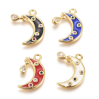 Brass Micro Pave Cubic Zirconia Charms, with Enamel, Moon, Golden, Mixed Color, 17x10x1mm, Hole: 1.6mm