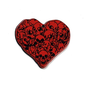 Acrylic Pendants, Heart, Skull, 36x39.5x2.5mm, Hole: 1.5mm