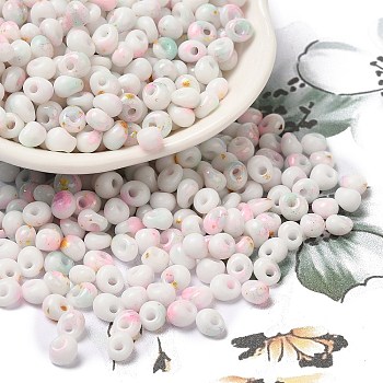 Baking Paint Glass Seed Beads, Round Hole, Teardrop, Pink, 5~5.5x4~5x3~3.5mm, Hole: 1.2mm, about 2500pcs/pound