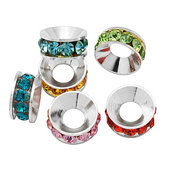 Brass Rhinestone Spacer Beads, Grade A, Rondelle, Silver Color Plated, Mixed Color, 7x3.3mm