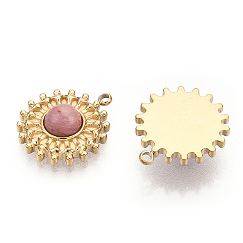 Natural Rhodonite Pendants, 304 Stainless Steel Gear Charms, Real 14K Gold Plated, 17.5x15x5mm, Hole: 1.5mm