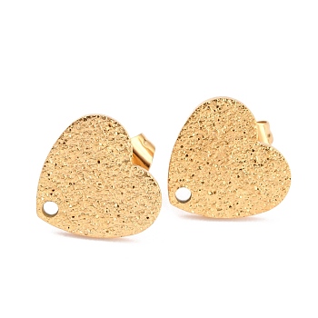 Ion Plating(IP) 304 Stainless Steel Stud Earring Findings, with Ear Nuts/Earring Backs and Hole, Heart Shape with Textured, Golden, 12x13x1mm, Pin: 0.8mm