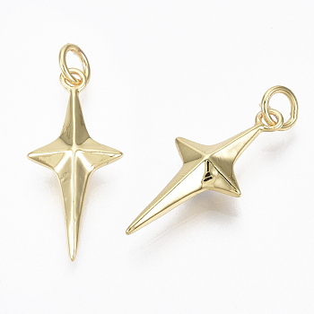 Brass Pendants, with Jump Rings, Nickel Free, Star, Real 18K Gold Plated, 23x10.5x4mm, Hole: 3mm
