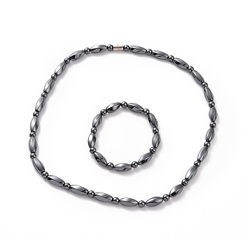 Synthetic Hematite Twist Rectangle & Round Beaded Stretch Bracelet & Beaded Necklace with Magnetic Clasp, Gemstone Jewelry Set for Men Women, Inner Diameter: 2-1/2 inch(6.4cm), 20.75 inch(52.7cm), 2Pcs/set