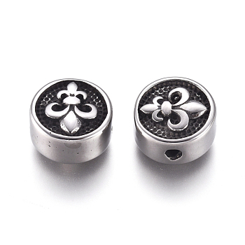 304 Stainless Steel Beads, Flat Round and Fleur De Lis, Antique Silver, 9.8x4.8mm, Hole: 1.6mm