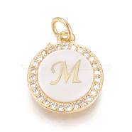 Brass Micro Pave Cubic Zirconia Pendants, with Shell, Long-Lasting Plated, Lead Free & Cadmium Free & Nickel Free, Real 18K Gold Plated, Flat Round with Letter, Clear, Letter.M, 16x13.5x3mm, Hole: 3mm(ZIRC-L078-043M-NR)