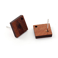Coconut Brown Wood Stud Earring Findings, with Alloy Earring Pin, Rhombus, Platinum, 16.5x16.5x2.5mm, Hole: 1.5mm, Pin: 0.6mm(EJEW-CJC0001-11)