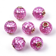 Natural White Shell Beads, with Brass Findings, Round, Dyed, Hot Pink, 10.5~11x10mm, Hole: 2mm(SSHEL-N034-131F)