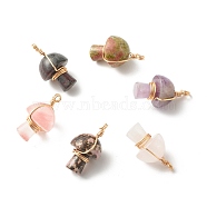 Natural Mixed Gemstone Pendants, with Real 18K Gold Plated Eco-Friendly Copper Wire Wrapped, Mushroom, 28~32x16~17x16~17mm, Hole: 3mm(PALLOY-JF01134)
