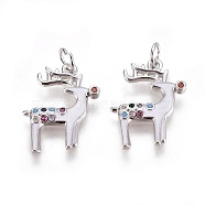 Brass Micro Pave Cubic Zirconia Pendants, with Enamel and Jump Ring, Christmas Reindeer/Stag, White, Platinum, 18x14x2mm, Hole: 3mm(ZIRC-I028-11P)