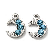 304 Stainless Steel Charms, with Aquamarine Rhinestone, Crescent Moon, Stainless Steel Color, 13.5x10x3mm, Hole: 1.6mm(STAS-L022-060P-02)