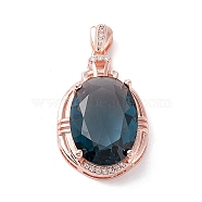 Oval Brass Glass Pendants, Inlaid with Clear Cubic Zirconia, Steel Blue, Rose Gold, 27x17x8mm, Hole: 2x5mm(GLAA-BB66117-A)
