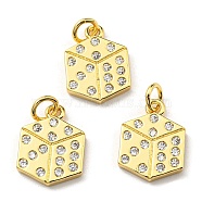 Brass with Cubic Zirconia Pendants, Long-Lasting Plated, Lead Free & Cadmium Free, Dice, Real 18K Gold Plated, 14.5x10.5x1.8mm, Hole: 3.5mm(KK-K341-19B-G)