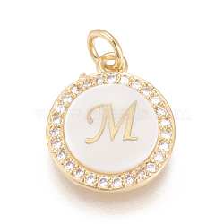 Brass Micro Pave Cubic Zirconia Pendants, with Shell, Long-Lasting Plated, Lead Free & Cadmium Free & Nickel Free, Real 18K Gold Plated, Flat Round with Letter, Clear, Letter.M, 16x13.5x3mm, Hole: 3mm(ZIRC-L078-043M-NR)