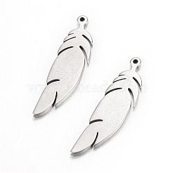 Tarnish Resistant 304 Stainless Steel Pendants, Feather, Stainless Steel Color, 24x6x1mm, Hole: 1.5mm(STAS-S054-17)