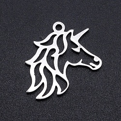 201 Stainless Steel Pendants, Filigree Joiners Findings, Laser Cut, Unicorn, Stainless Steel Color, 19.5x17x1mm, Hole: 1.5mm(STAS-S105-JN941-1)