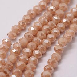 Electroplate Glass Bead Strands, Rondelle, Faceted, Pearl Luster Plated, PeachPuff, 4x3mm, Hole: 1mm, about 130~135pcs/strand, (15.3~15.7 inch)39~40cm(GLAA-K016-3x4mm-02PL)