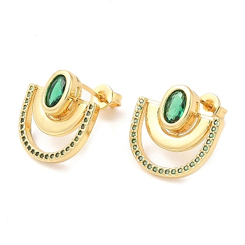 Fan Shape Ear Stud for Men Women, Brass With Cubic Zirconia Stud Earrings, Real 16K Gold Plated, Green, 15.5x16.5mm