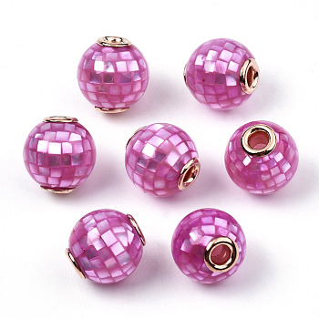 Natural White Shell Beads, with Brass Findings, Round, Dyed, Hot Pink, 10.5~11x10mm, Hole: 2mm