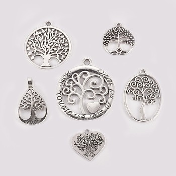 Tibetan Style Alloy Pendants, Mix Shapes with Tree of Life, Antique Silver, 23~47x21~42x1.5~8mm, Hole: 2~6mm, 6pcs/set