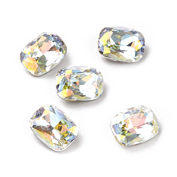 Light AB Style Glass Cabochons, Pointed Back & Back Plated, Faceted, Rectangle Octagon, Light Crystal AB, 8x6x3mm