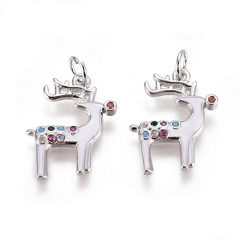 Brass Micro Pave Cubic Zirconia Pendants, with Enamel and Jump Ring, Christmas Reindeer/Stag, White, Platinum, 18x14x2mm, Hole: 3mm