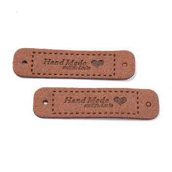 PU Leather Label Tags, Handmade Embossed Tag, with Holes, for DIY Jeans, Bags, Shoes, Hat Accessories, Rectangle with Word Handmade, Sienna, 55x15x1.2mm, Hole: 2mm