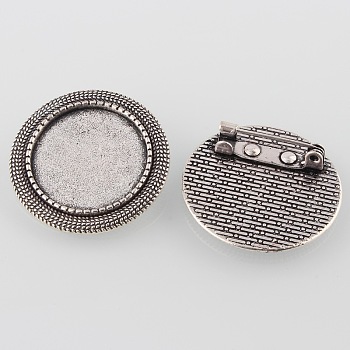 Vintage Alloy Brooch Cabochon Bezel Settings, Cadmium Free & Lead Free, with Iron Pin Back Bar Findings, Antique Silver, Flat Round Tray: 20mm, 28x2mm, Pin: 0.8mm