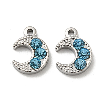 304 Stainless Steel Charms, with Aquamarine Rhinestone, Crescent Moon, Stainless Steel Color, 13.5x10x3mm, Hole: 1.6mm