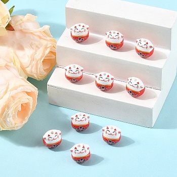 10Pcs Handmade Printed Porcelain Beads, Lucky Cat, Red, 14x14x11.5mm, Hole: 2mm