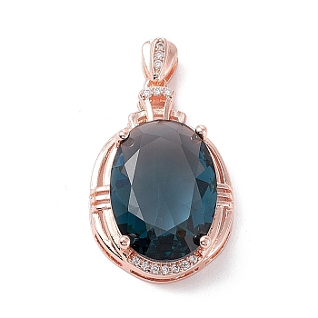 Oval Brass Glass Pendants, Inlaid with Clear Cubic Zirconia, Steel Blue, Rose Gold, 27x17x8mm, Hole: 2x5mm