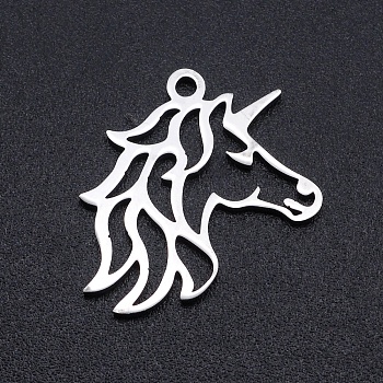 201 Stainless Steel Pendants, Filigree Joiners Findings, Laser Cut, Unicorn, Stainless Steel Color, 19.5x17x1mm, Hole: 1.5mm